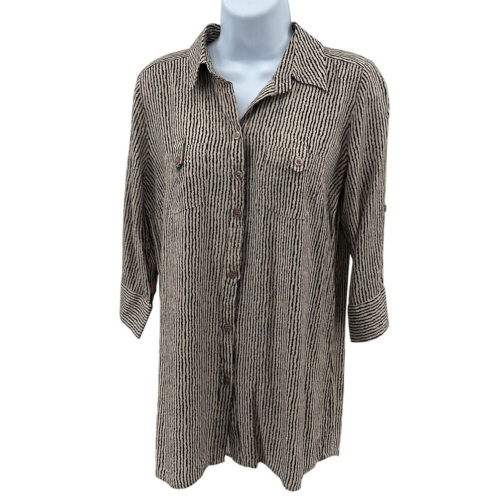 FDJ French Dressing Jeans Shirt SZ L Tan Black Striped Roll Tab Sleeve Button Up